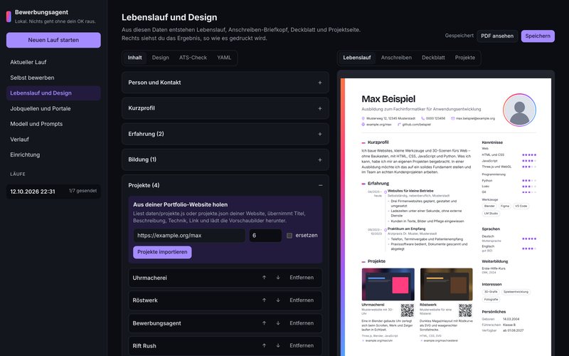 Lebenslauf-Editor des Bewerbungsagenten im dunklen Modus: links Abschnitte und der Import aus der Portfolio-Website, rechts die Live-Vorschau eines zweispaltigen Lebenslaufs mit Zeitleiste, Kenntnis-Skalen und Projektkarten mit QR-Codes