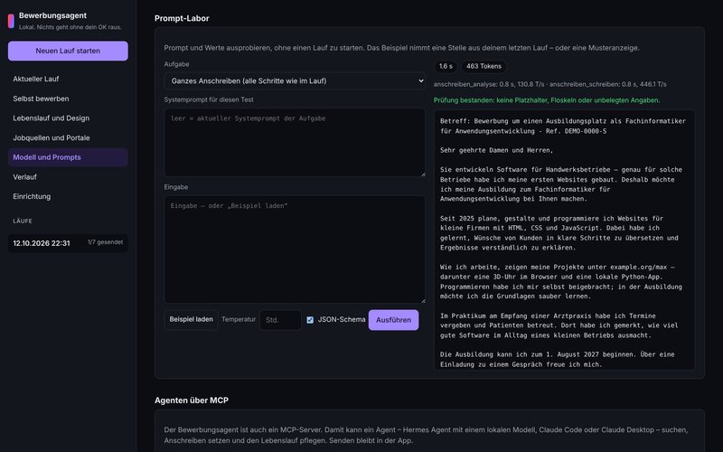 Prompt-Labor im dunklen Modus: ein ganzes Anschreiben in zwei Schritten mit Dauer, Tokens pro Sekunde und bestandener automatischer Prüfung