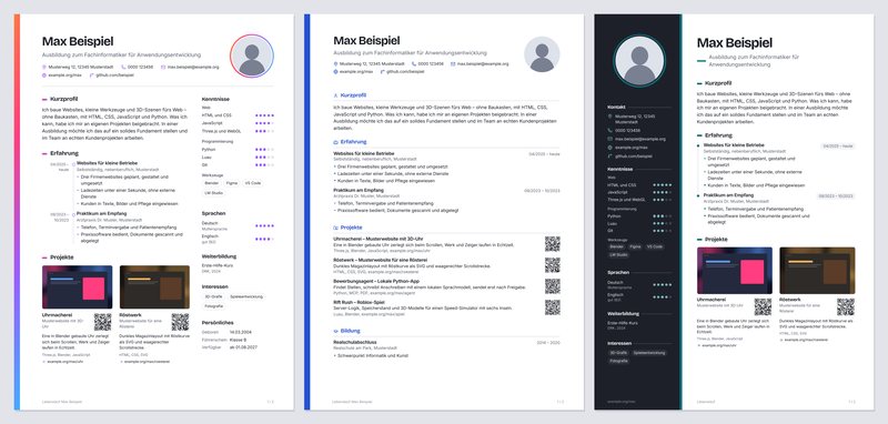 Drei Lebenslauf-Vorlagen nebeneinander: Profil mit Zeitleiste und Farbverlauf, Klar in einer Spalte mit Symbolen, Kontrast mit dunkler Seitenleiste — alle mit erfundenen Daten
