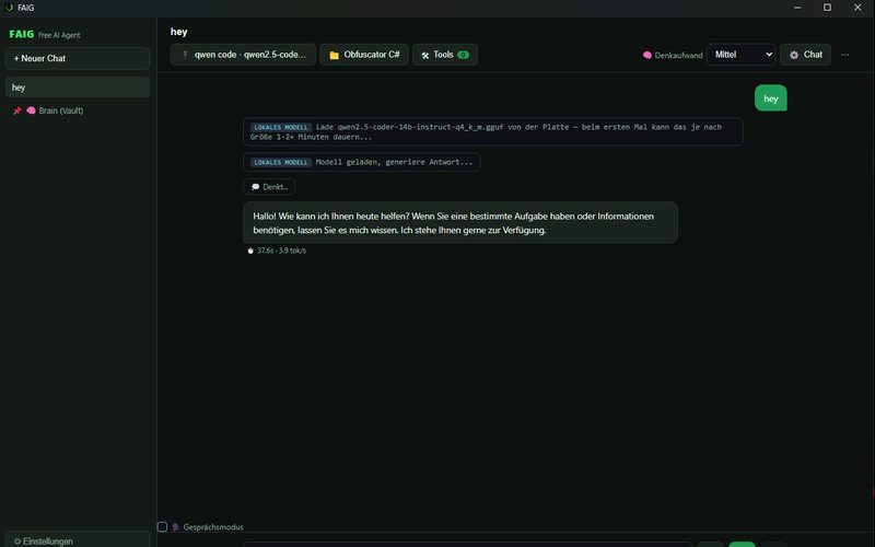 Anwendungsfenster von FAIG: Antwort des lokal geladenen Modells qwen2.5-coder-14b im Chat, darunter Dauer und Geschwindigkeit, links die Seitenleiste mit angeheftetem Wissensspeicher