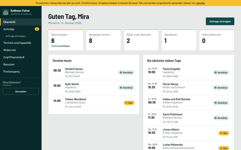 Übersicht der Verwaltung: Begrüßung, Kacheln mit neuen Anfragen, bestätigten Terminen, Rädern in der Werkstatt, abholbereiten Rädern und offenen Widerrufen, darunter die Termine des Tages und der nächsten sieben Tage