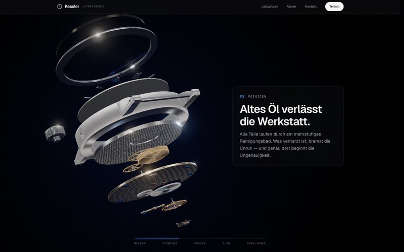 Explosionsansicht der 3D-Uhr: Glas, Lünette, Zifferblatt, Gehäuse und die Teile des Werks schweben schräg übereinander, daneben eine Textkarte zum Kapitel Reinigen