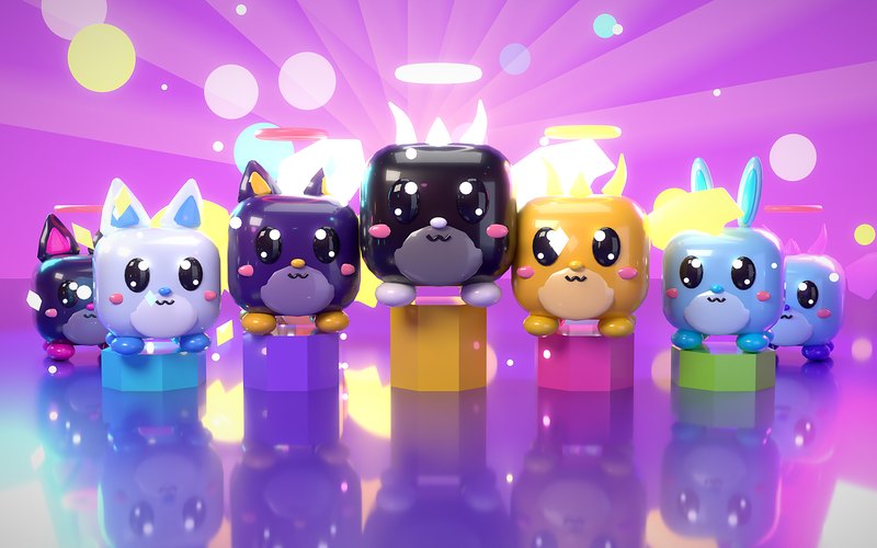 Fünf glänzende, würfelförmige Pets in Weiß, Dunkelviolett, Schwarz, Gold und Hellblau stehen auf bunten Sockeln vor einem violetten Hintergrund mit Lichtstrahlen und spiegeln sich im Boden