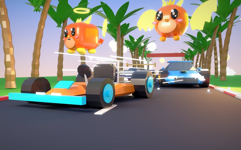 Ein orangefarbener Rennwagen fährt auf einer Palmenstrecke bei tiefstehender Sonne, dahinter ein blauer Wagen, darüber zwei fliegende Pets