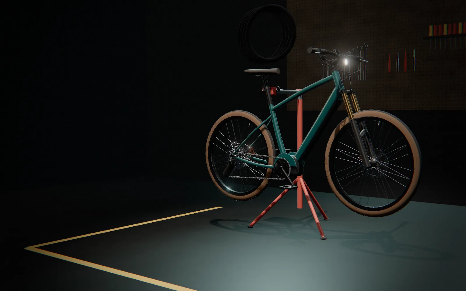 E-Bike im Montageständer in einer Werkstatt bei Nacht, petrolfarbener Rahmen, goldene Federgabel, Reifen mit hellen Flanken